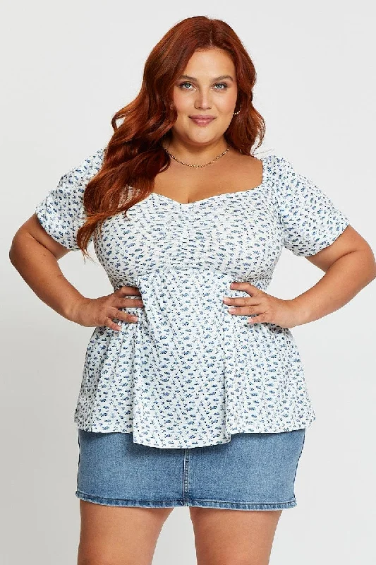 Bold Fashion Sales Ditsy Print Ruched Top Floral Puff Sleeve