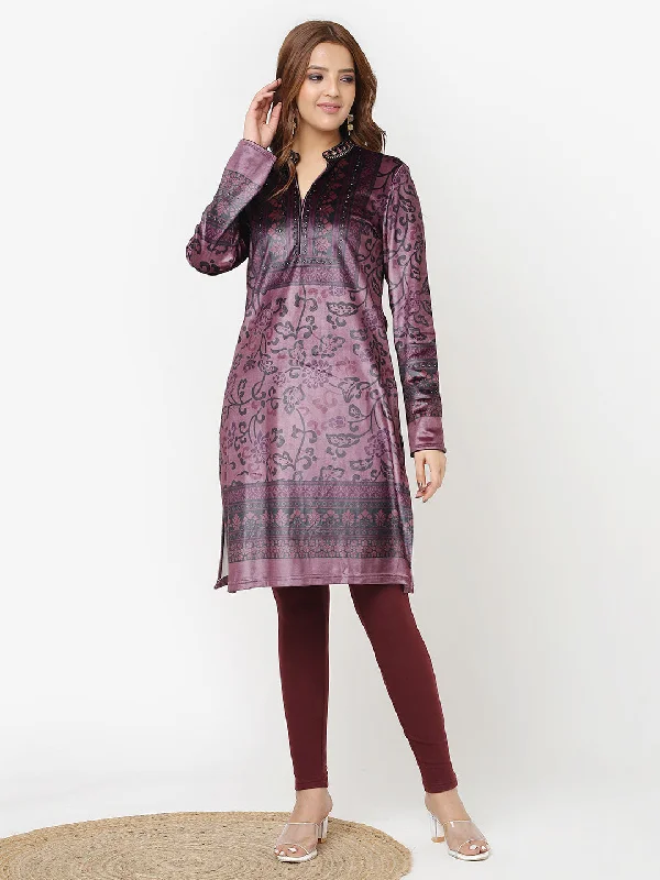 Stylish Deals Maroon Printed Velvet Straight Kurta with Neck Embellishment