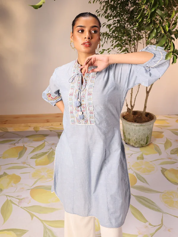 End-Of-Season Clearance Nighat Blue Chambray Embroidered Kurti for Women