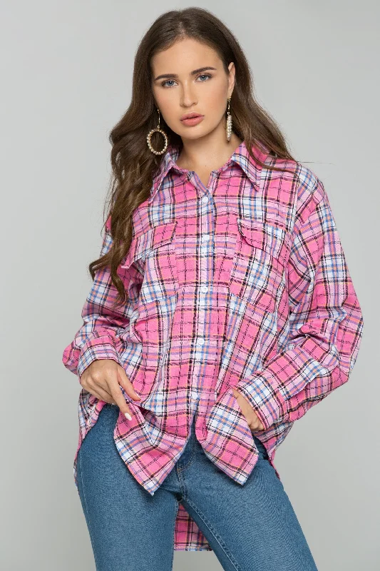 Classic Chic Deals Pink Plaid Front Pocket Button Up Top