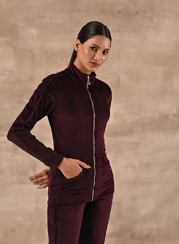 Chic Style, Always In Vogue Maroon Tracksuit with Classic Collar and Zip Closure