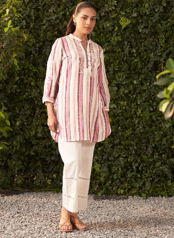 Seasonal Clearance Sheen Pink Embroidered Cotton Gauze Straight Shirt for Women