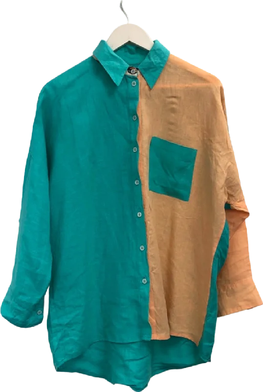 Smart Casual Deals Suits Me Green/Orange Colourblock Linen Sunglasses print Shirt UK XS