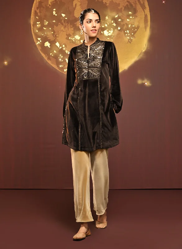 Seasonal Style Discounts Azra Coffee Brown Embroidered Velvet Kurti for Women