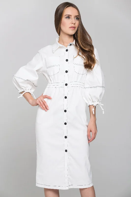 Chic Style Discounts White and Black Contrast stitch Puff Sleeves Midi Shirt Dress