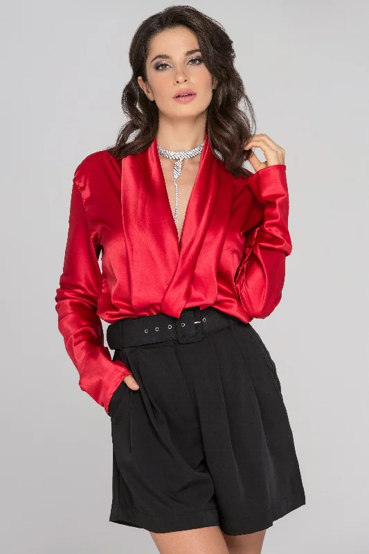 Athleisure Style Sale Red Sleeved Satin Front Drape Top
