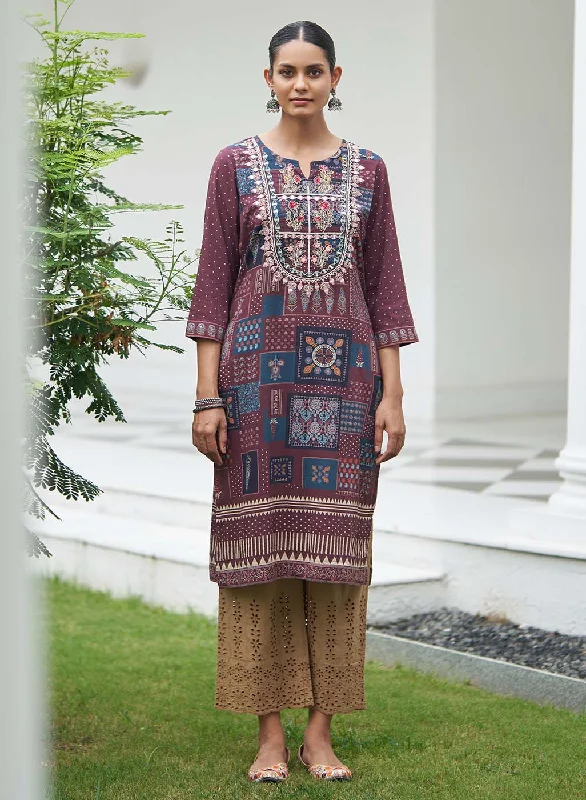Exclusive Designer Style Deals Maroon Printed Embroidered Kurta with Embellished Front Yoke