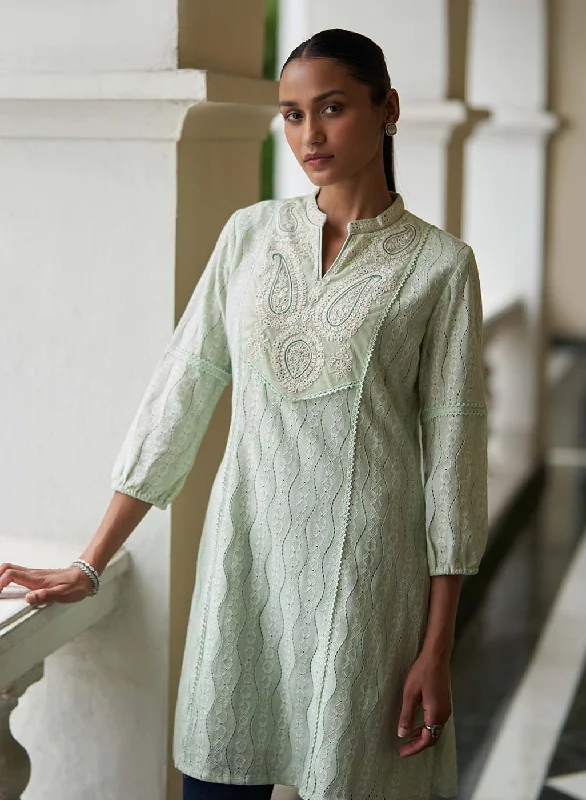 Sophisticated Street Style Offers Green Raschel Net Embroidered Kurti for Women