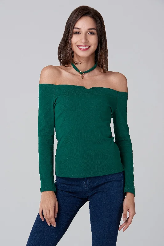 Discount Extravaganza Green Off the Shoulder Prism Choker Top