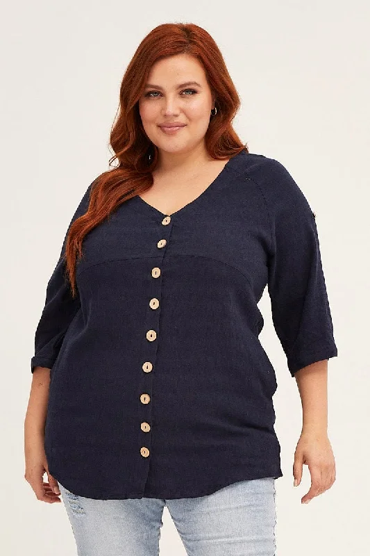 Special Offers Blue Navy Crinkle Texture V-neck Pocket Shirt