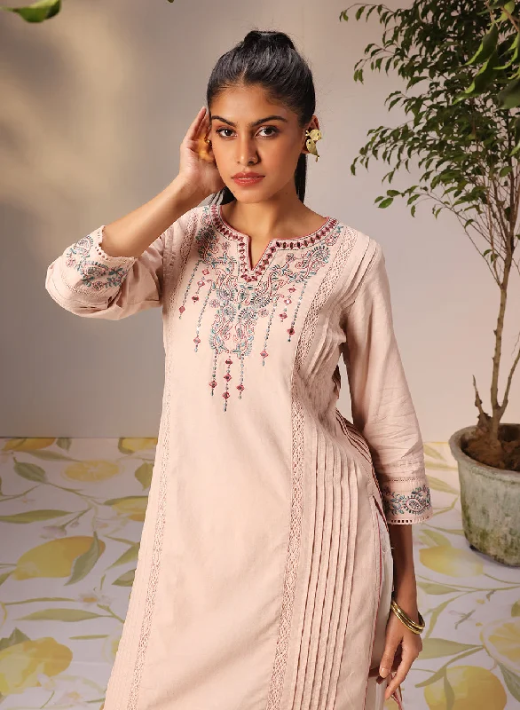 Comfort Meets Fashion Zayna Salmon Pink Embroidered Cotton Linen Designer Kurta for Women Comfort Meets Fashion Zayna Salmon Pink Embroidered Cotton Linen Designer Kurta for Women