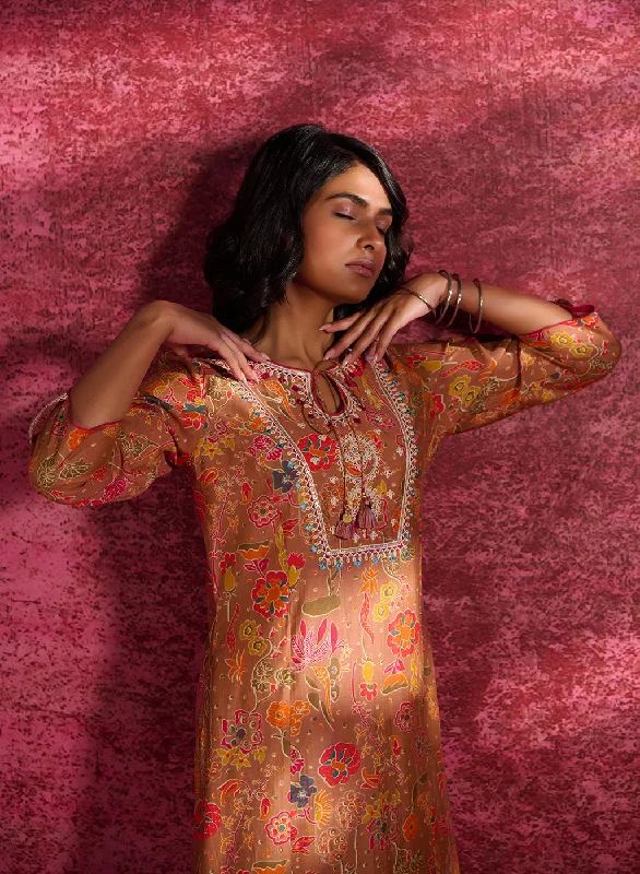 Summer Fashion Meher Ash Brown Printed Cotton Silk Kurta