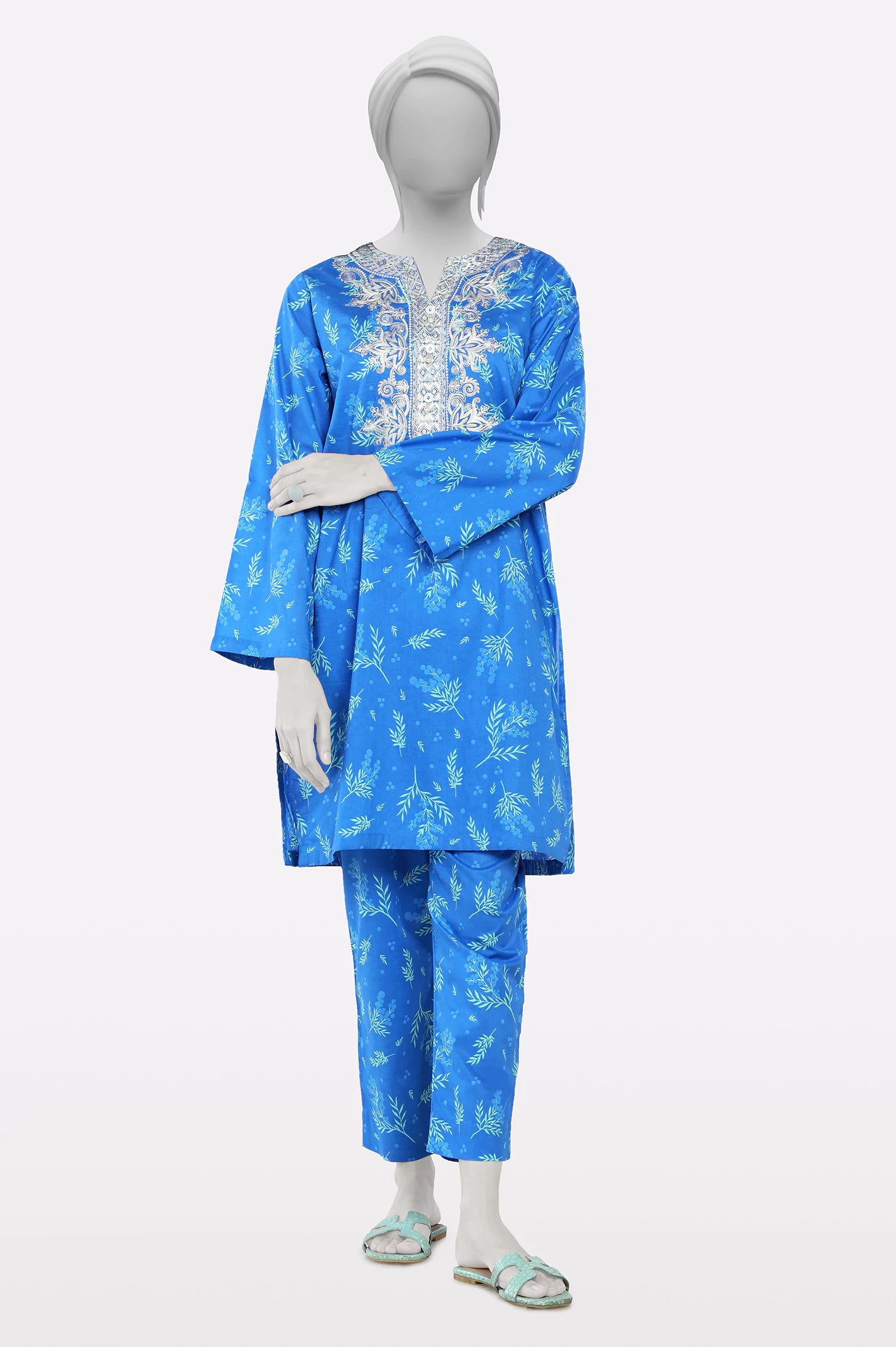 Flirty Fashion Discounts Blue Print Embroidered 2PC