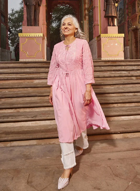 Hot Styles Chandni Blush Pink Embroidered Crinkled Viscose Georgette Designer Kurti for Women Hot Styles Chandni Blush Pink Embroidered Crinkled Viscose Georgette Designer Kurti for Women