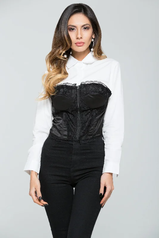 Fashion Frontiers White Shirt with Black Sweetheart Neck Lace Top