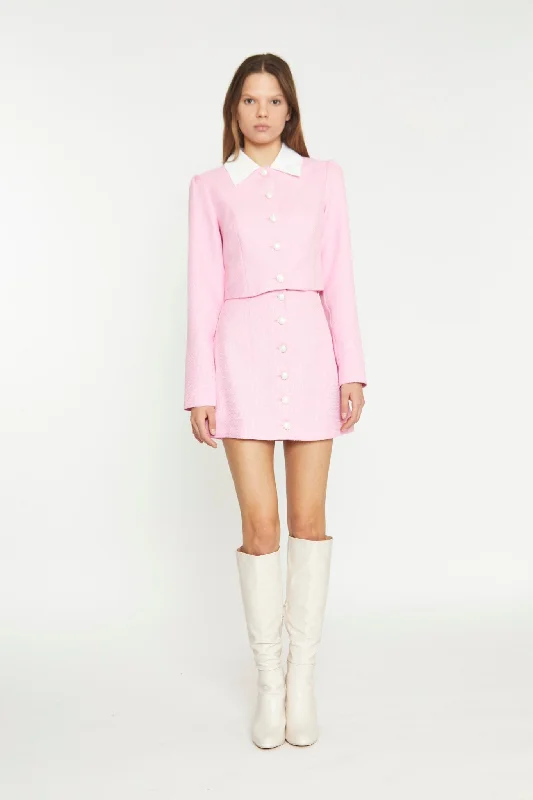 Discount Extravaganza Peony Pink White Contrast Collar Button-Through Top