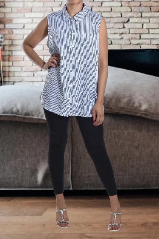 Classic Elegance Sales Blue Stripe Button Through Top