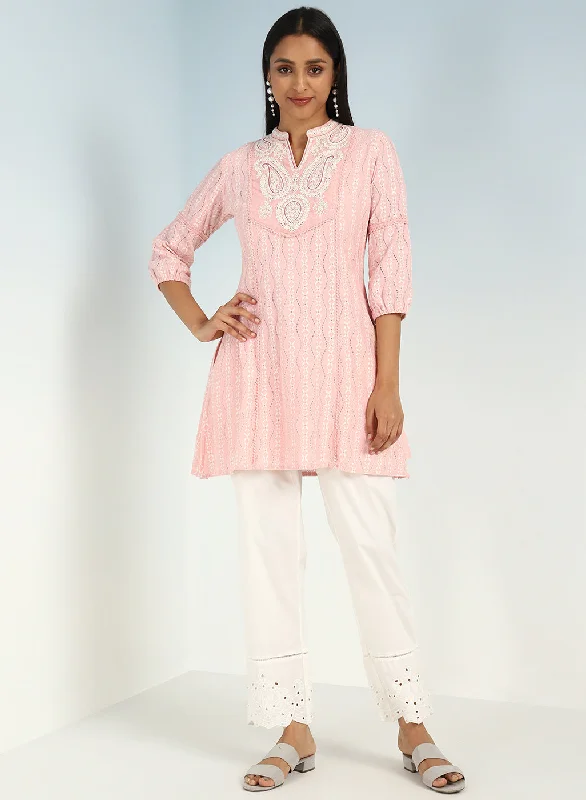 Athleisure Style Sale Pink Raschel Net Embroidered Kurti for Women
