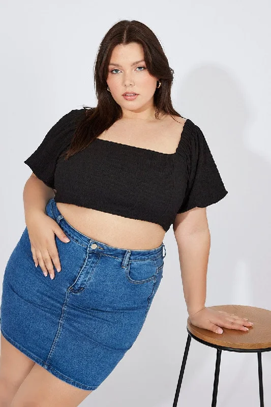 Must Haves Black Top Puff Sleeve Square Neck Textured