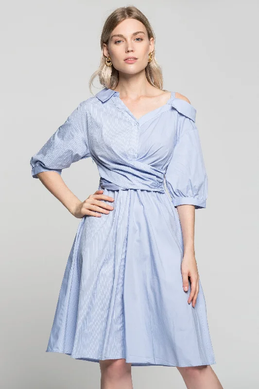 Bold Fashion Sales Powder Blue Pin Stripes Asymmetrical Sleeves Shirt Dress