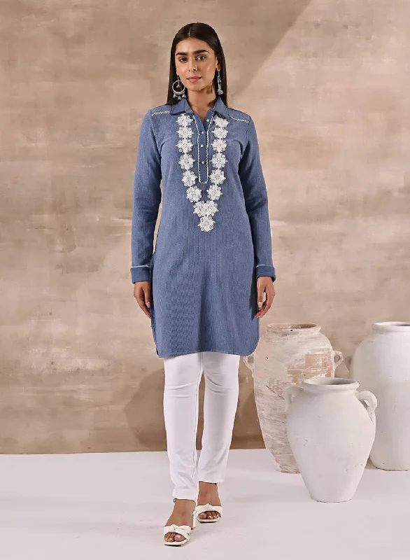 Fashion Deal Blue Full Sleeve Woolen Striped Kurti with Lace Work