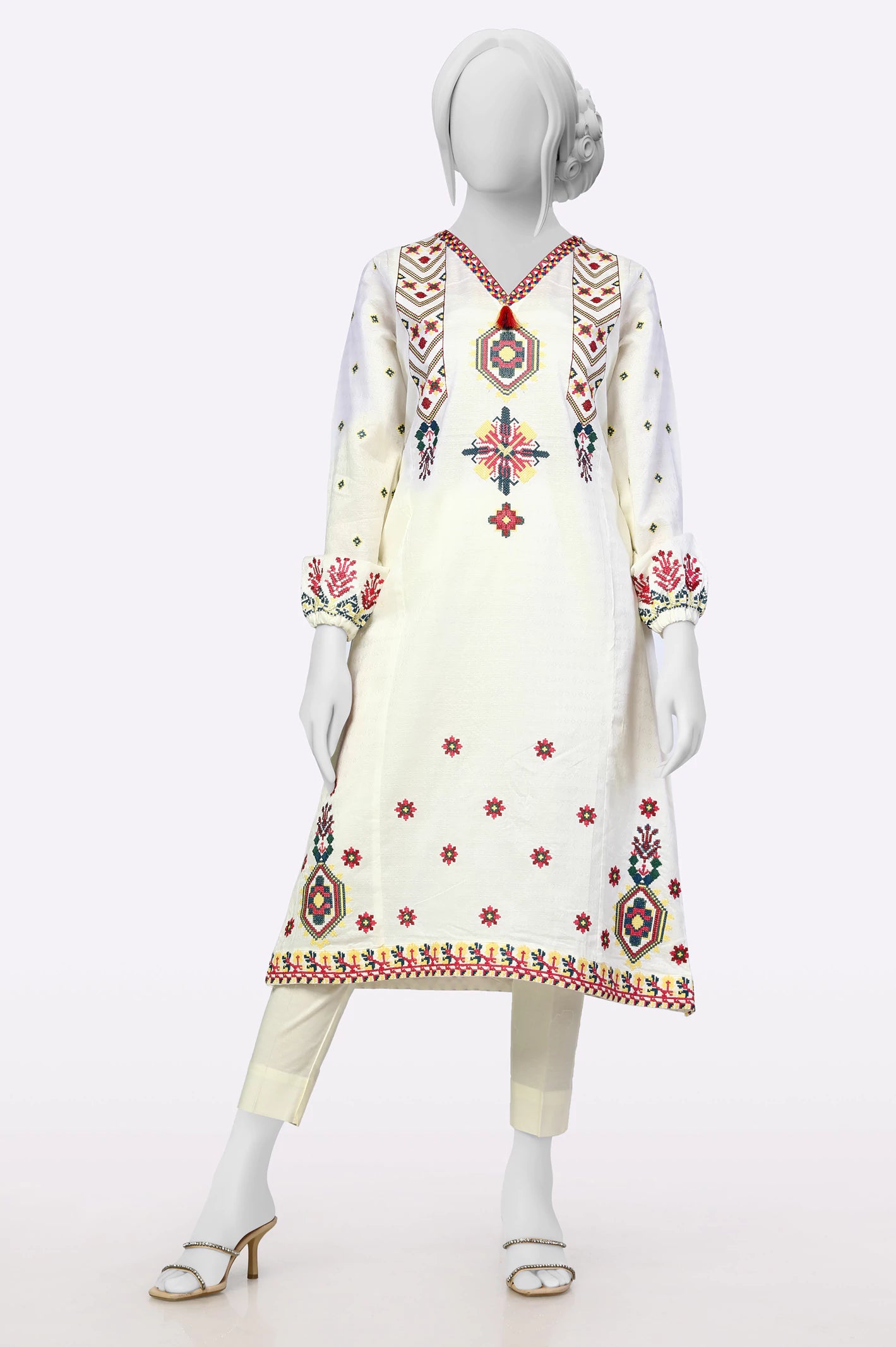 Limited Time Deal White Embroidered Kurti