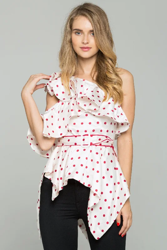 Trendy Street Style White and Red Polka dot One-shoulder Belted Top