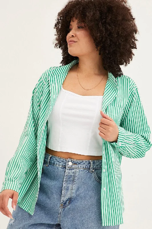 Limited-Time Offer Green Stripe Oversized Shirts Button Through