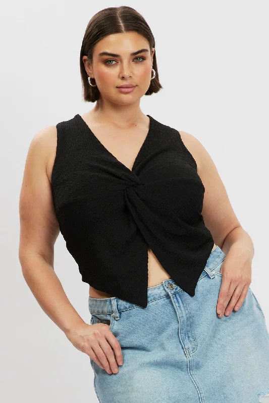 Elegant Style Black Textured Top Twist Sleeveless