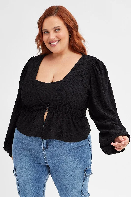 Trendy Looks On Sale Black Button Top Textured Jersey V-neck