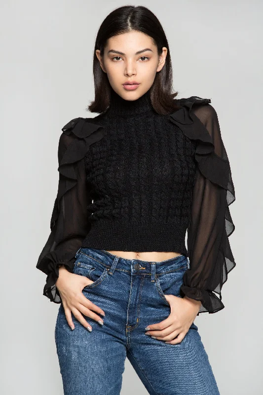 Fashion Essentials Black Turtle neck Sheer Sleeves Woollen Top