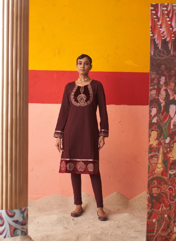 Bid Farewell To The Old Season Maroon Women’s Woollen Kurti with Embroidered Yoke and Button Detailing on Cuffs Bid Farewell To The Old Season Maroon Women’s Woollen Kurti with Embroidered Yoke and Button Detailing on Cuffs