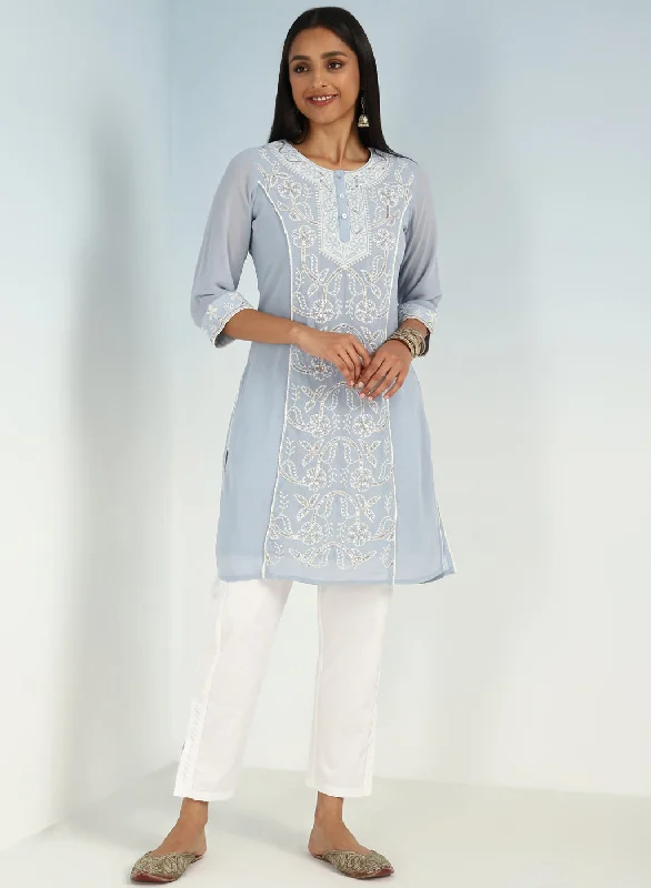 Limited Time Solid Spa Blue Round Neck Kurti with Sequins Work