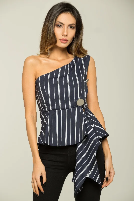 Stupidly Low Prices Navy Blue and White One-shoulder Asymmetrical Top