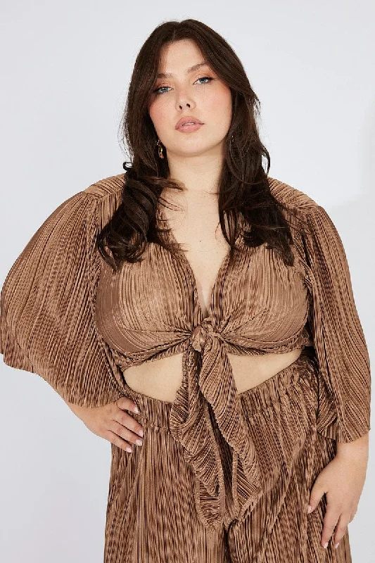 Limited Edition Brown Plisse Satin Flare Sleeve Tie Bolero Top