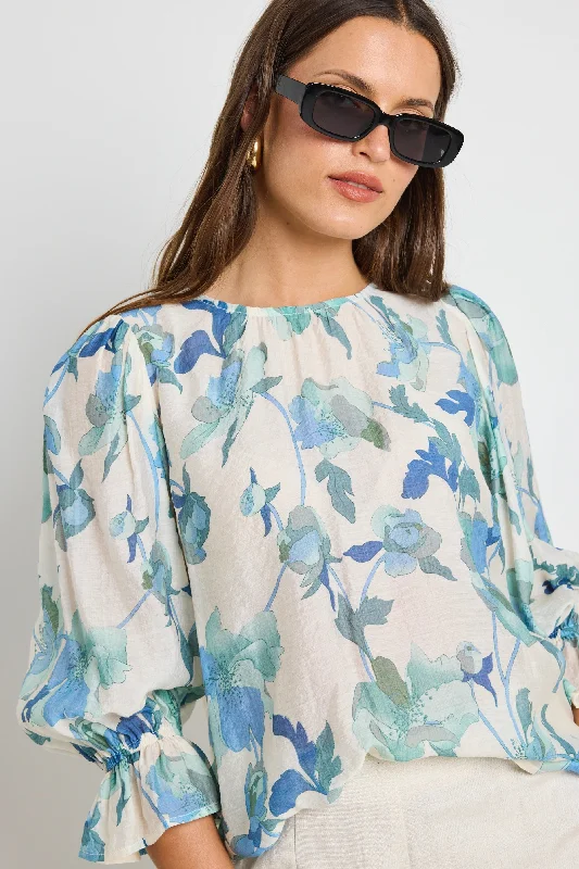 Fashion-Forward Candid Blue Cream Floral Frill Sleeve Crew Neck SS Top