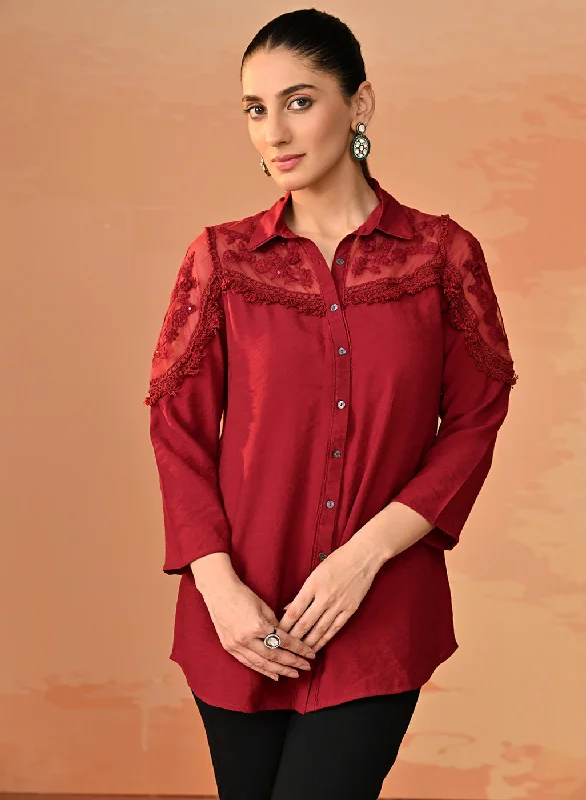 Chic Trends Unveiled Samreen Maroon Embroidered Georgette Shirt for Women