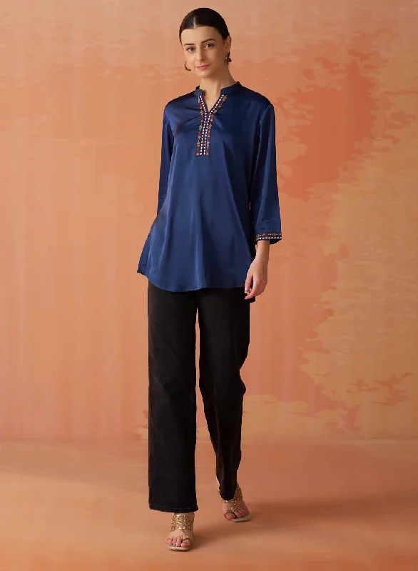 Vintage-Inspired Style Offers Amreen Navy Embroidered Top for Women
