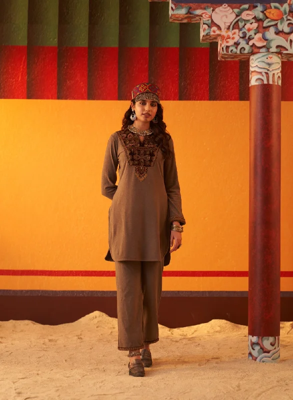 Premium Style Brown Embroidered Woollen Kurta Set