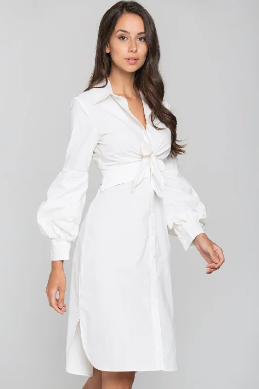 Trend Leading Collection White Tie Front Shirt Midi Dress