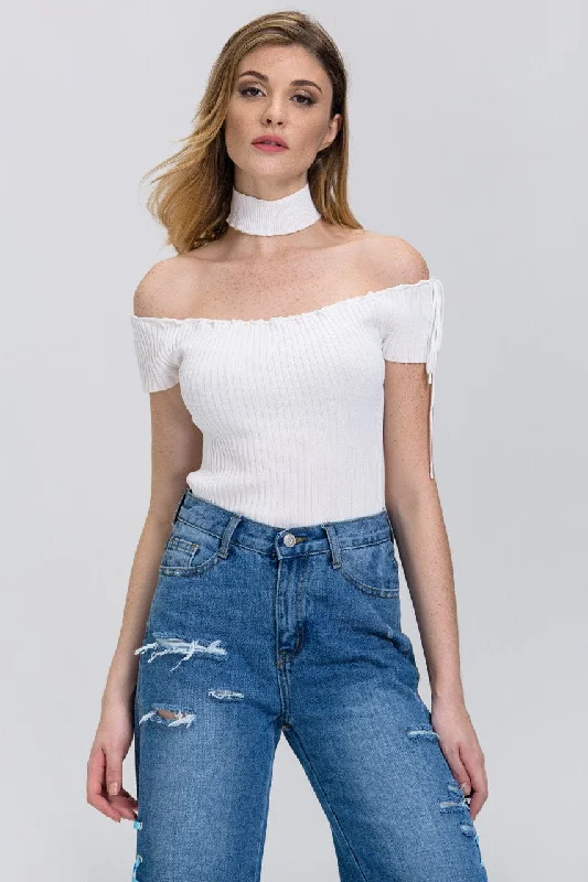 Relaxed Style Deals Rania Fawaz - White Off the Shoulder Bodycon Choker Top