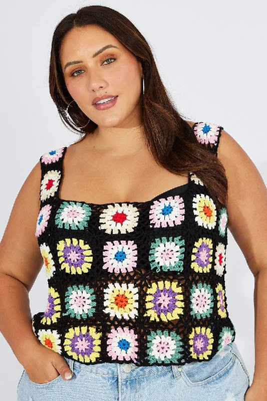 Shop Sale Items Black Floral Crochet Top Square Neck