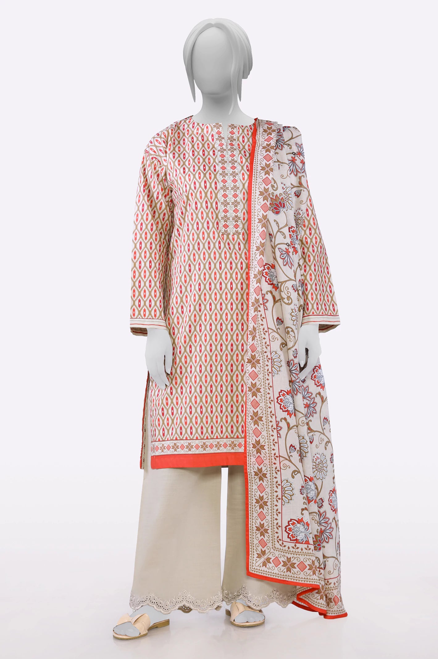 Essentials On Sale Cream Printed Kurti With Dupatta