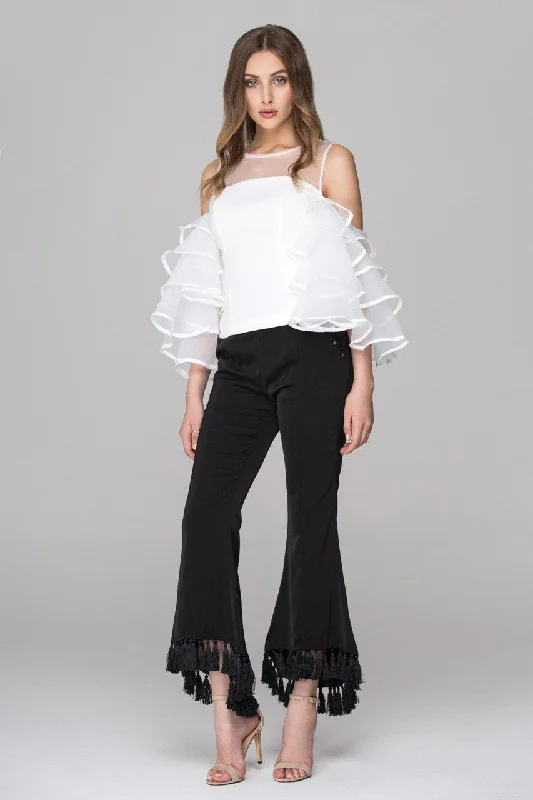 Seasonal Sale White Sheer Yoke Tiered Ruffle Sleeve Top