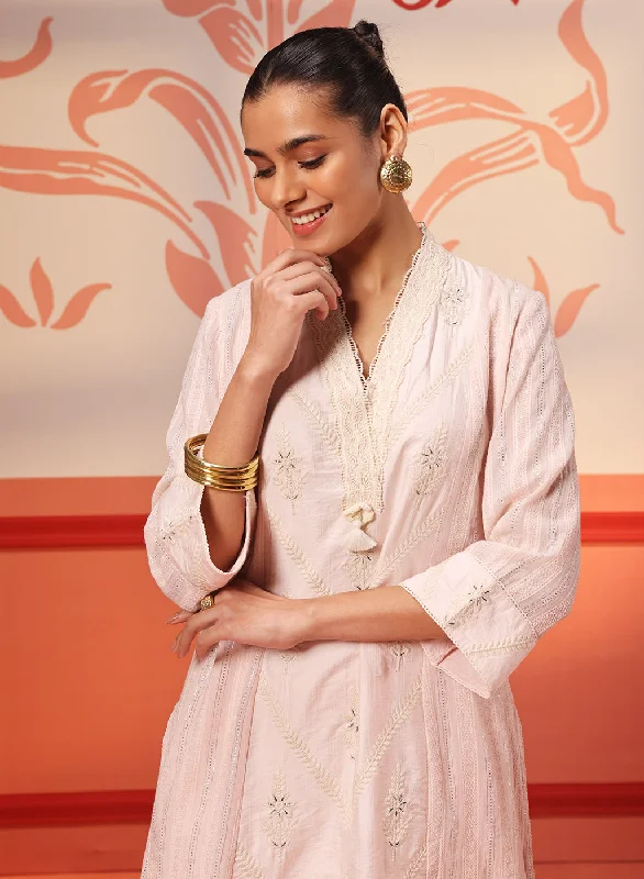 Valentine's Special Hiba Salmon Pink Embroidered Cotton Linen Kurta for Women