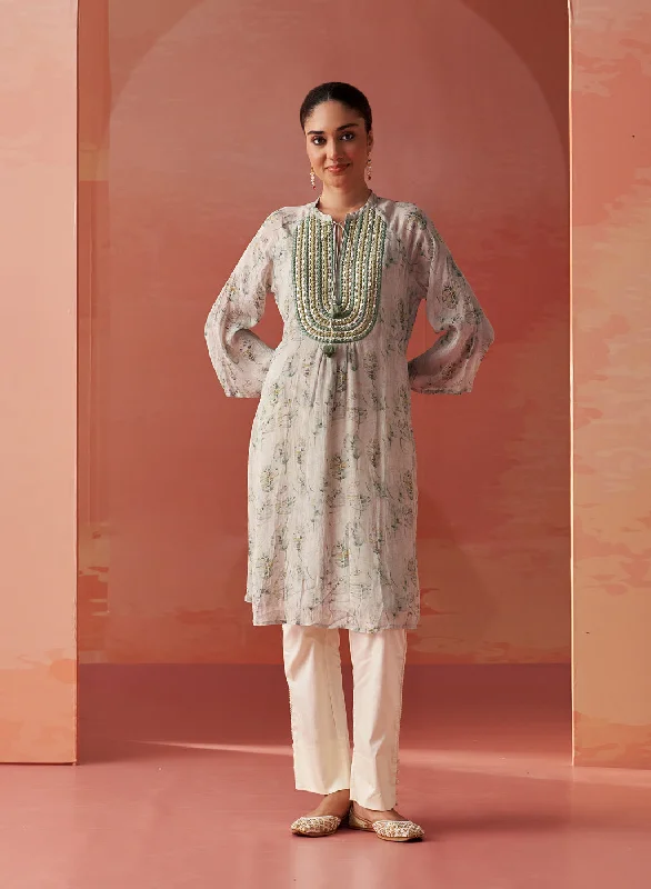 Limited Edition Sana Mint Green Printed Chiffon Embroidered Straight Kurti