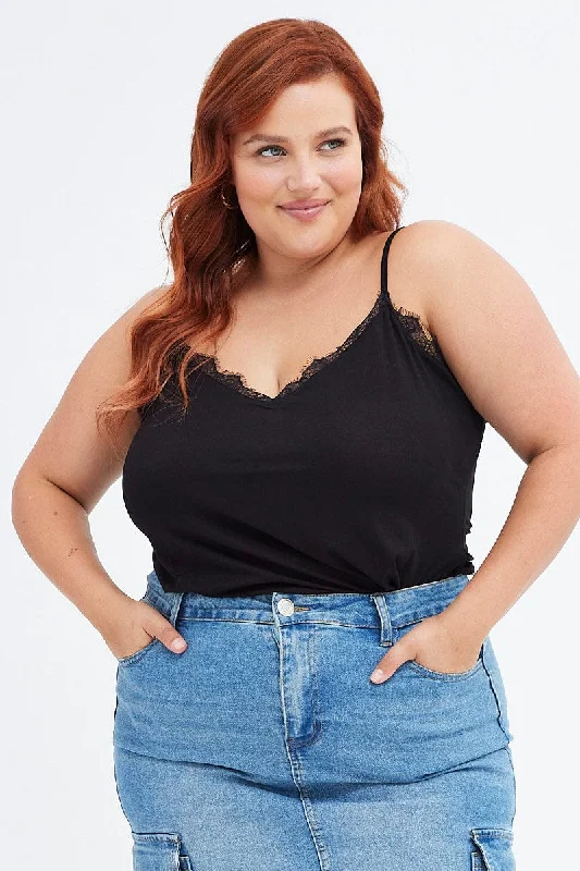 Additional Time-Limited Offers Black Singlet Top Lace Trim