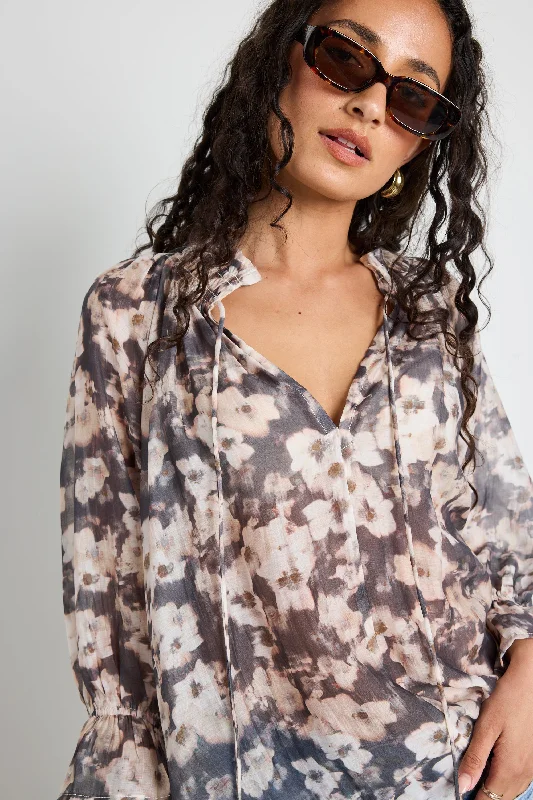Cozy Chic Promotions Expedition Charcoal Floral Shirred Neck SS Top