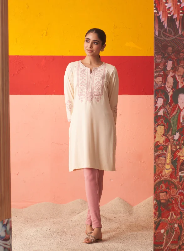 Day-To-Night Styles Ivory Kurta for Women with Threadwork and Lace Detailing