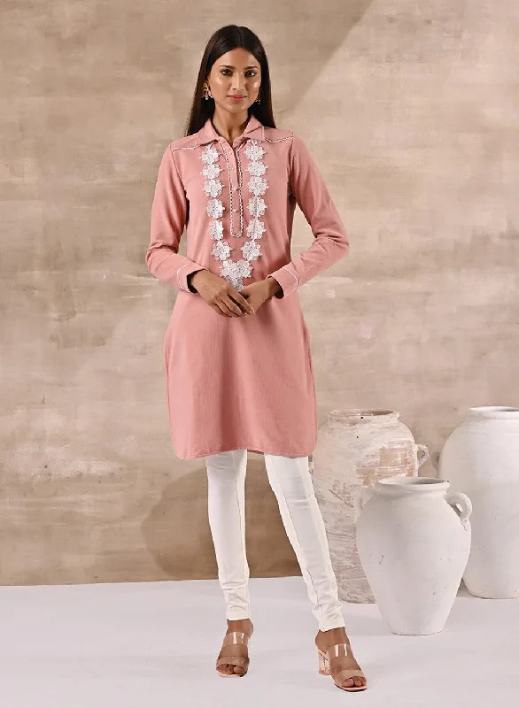 Best-Sellers Peach Full Sleeve Woolen Striped Kurti with Lace Work